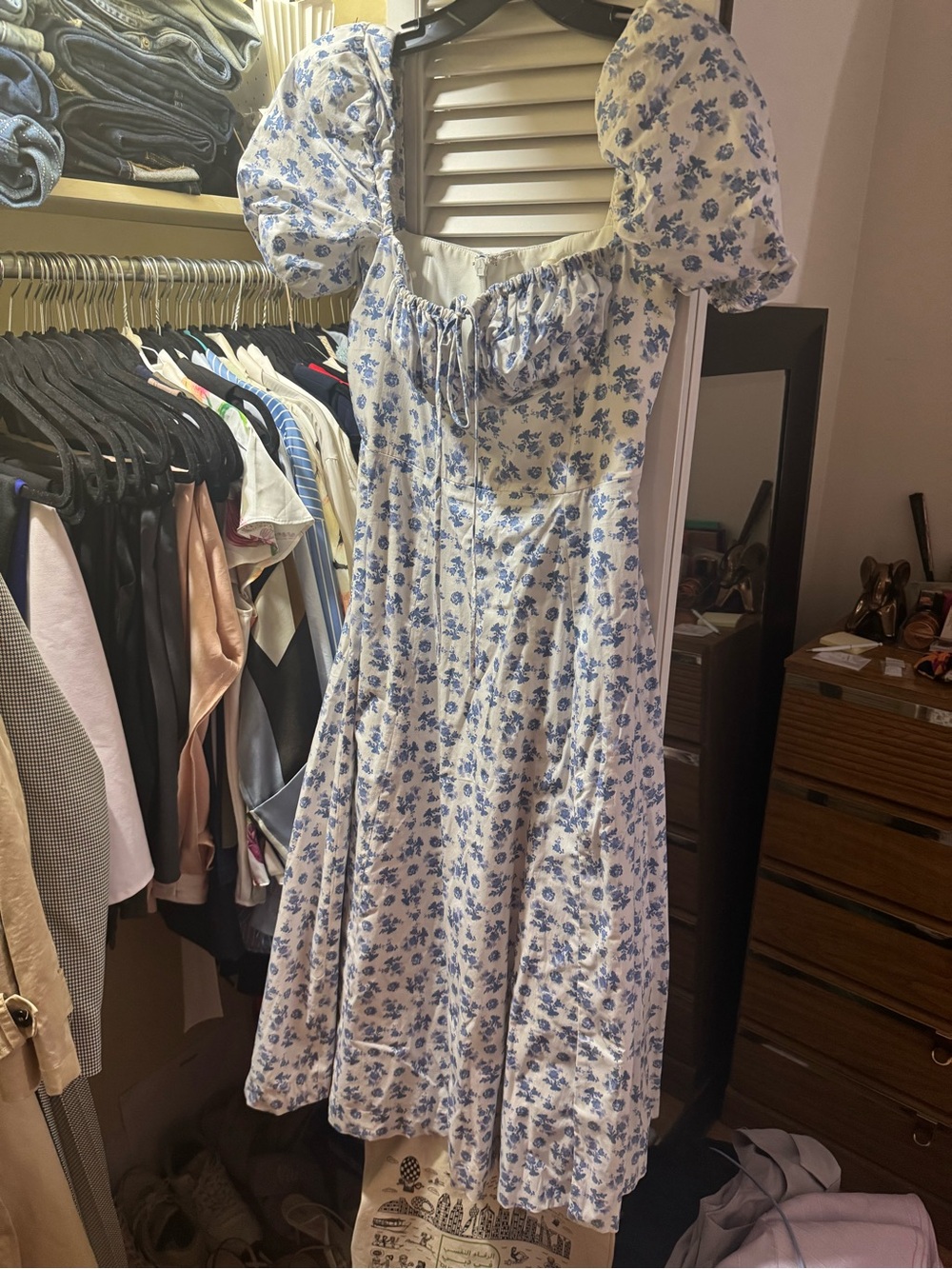 House of CB White and Blue Floral Puff-Sleeve Midi Dress